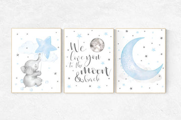 Elephant nursery, Blue and gray, we love you to the moon and back, Nursery decor boy, nursery decor, boys room, clouds and stars, blue grey