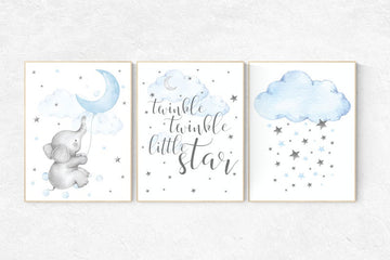 Nursery decor boy, elephant nursery decor boy, cloud, stars, moon, nursery wall art boy, twinkle twinkle little star, elephant nursery print