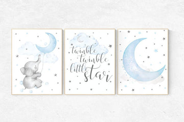 Nursery decor boy, nursery decor boy elephant, nursery wall art boy, twinkle twinkle little star, cloud and raindrops elephant nursery print