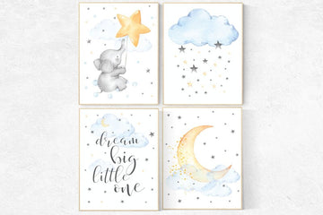 GENDER NEUTRAL Nursery decor, elephant nursery, blue yellow, dream big little one, cloud, moon and stars nursery, star nursery, twin nursery