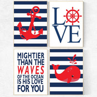 Nautical boy nursery, mightier than the waves, nautical baby room, Nautical Nursery Art, Navy red Nursery Decor, navy nursery, whale nursery