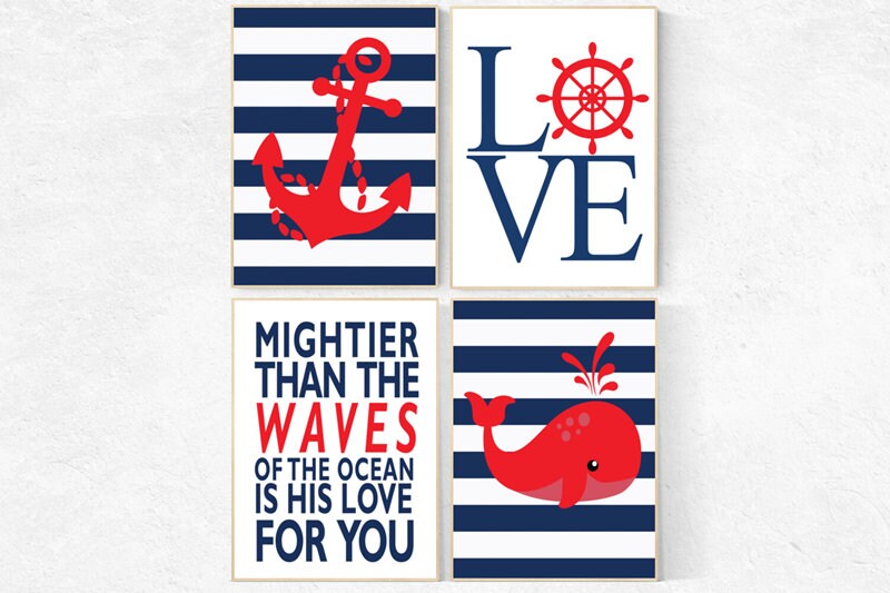 Nautical boy nursery, mightier than the waves, nautical baby room, Nautical Nursery Art, Navy red Nursery Decor, navy nursery, whale nursery