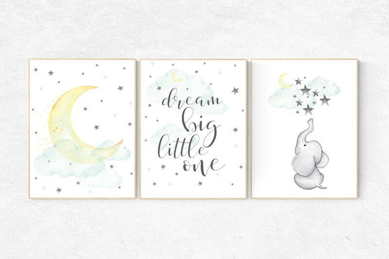 Mint and yellow nursery, nursery decor elephant, dream big, nursery decor neutral, nursery decor boy teal, cloud and star nursery, teal