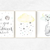 We love you to the moon and back, moon and stars nursery, gender neutral nursery, nursery decor boy teal, Yellow mint nursery