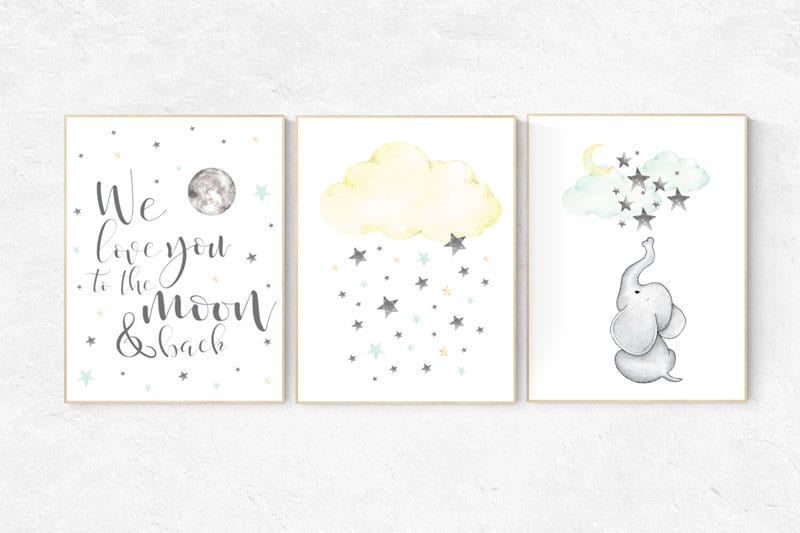 We love you to the moon and back, moon and stars nursery, gender neutral nursery, nursery decor boy teal, Yellow mint nursery