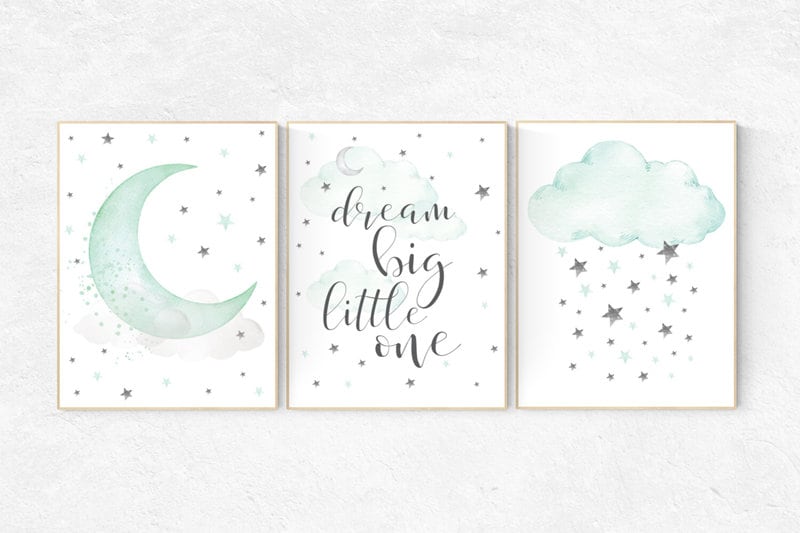 Mint nursery decor moon and stars nursery, gender neutral, dream big little one, mint green nursery decor, mint and gray nursery