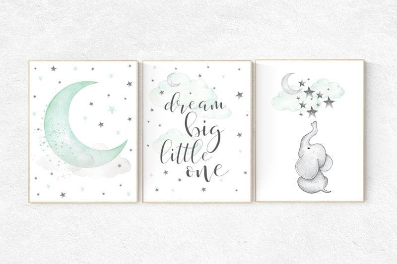 Mint nursery decor, nursery decor elephant, dream big little one, nursery decor neutral, nursery decor boy mint, cloud and star nursery