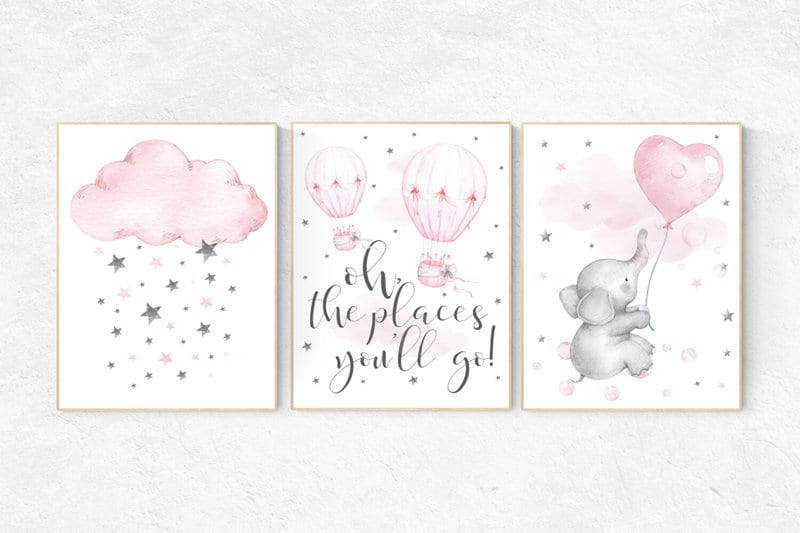 Nursery decor girl elephant, hot air balloon, pink and grey, cloud and stars, oh the places you&