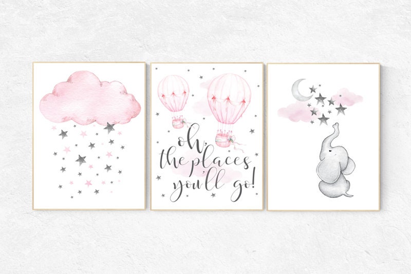 Nursery decor girl elephant, pink grey nursery, pink gray, hot air balloon, cloud, moon and stars, nursery wall art, girl nursery ideas