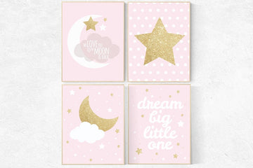 Pink and gold nursery decor, pink gold nursery wall art, nursery decor girl, star nursery, dream big, girls room decor gold, moon and back