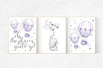Nursery decor girl purple, nursery decor elephant, Nursery decor girl lavender and gray, oh the places you'll go, lilac, hot air balloons