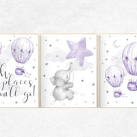 Nursery decor girl elephant, nursery decor girl purple, hot air balloon, lavender nursery, lilac nursery wall art. cloud and stars nursery