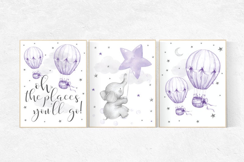 Nursery decor girl elephant, nursery decor girl purple, hot air balloon, lavender nursery, lilac nursery wall art. cloud and stars nursery