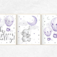 Nursery decor girl elephant, nursery decor girl purple, hot air balloon, lavender nursery, lilac nursery wall art. cloud and stars nursery