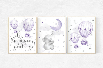 Nursery decor girl elephant, nursery decor girl purple, hot air balloon, lavender nursery, lilac nursery wall art. cloud and stars nursery