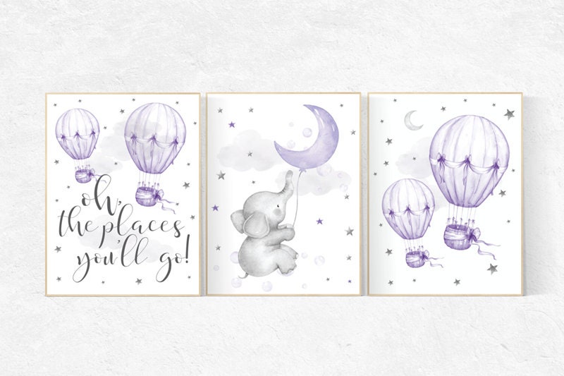 Nursery decor girl elephant, nursery decor girl purple, hot air balloon, lavender nursery, lilac nursery wall art. cloud and stars nursery