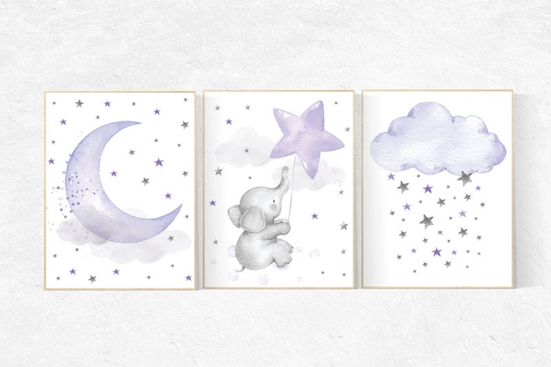Elephant nursery, Nursery decor girl purple, nursery decor girl lavender and gray, lilac nursery, purple nursery, cloud, moon and stars