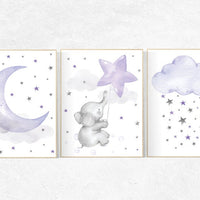 Elephant nursery, Nursery decor girl purple, nursery decor girl lavender and gray, lilac nursery, purple nursery, cloud, moon and stars