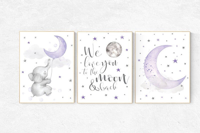 Nursery decor girl lavender and gray, Nursery decor girl purple, elephant nursery, lilac nursery, we love you to the moon and back, purple