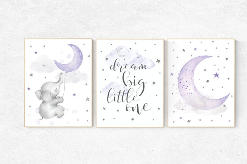Nursery decor girl lavender and gray, Nursery decor girl purple, elephant nursery, lilac nursery, dream big little one, purple nursery