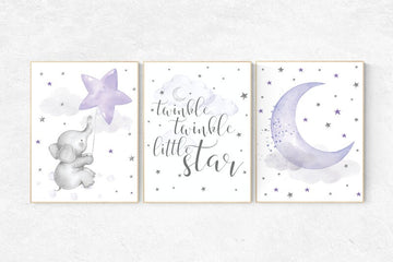 Nursery decor elephant, Nursery decor girl purple, nursery wall art, lavender and gray, lilac nursery, twinkle twinkle little star, purple