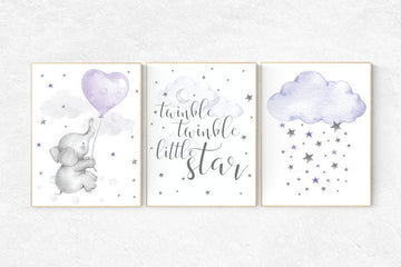 Nursery decor elephant, Nursery decor girl purple, nursery wall art, lavender and gray, lilac nursery, twinkle twinkle little star, purple