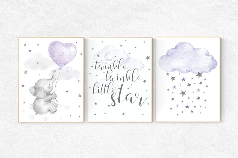 Nursery decor elephant, Nursery decor girl purple, nursery wall art, lavender and gray, lilac nursery, twinkle twinkle little star, purple