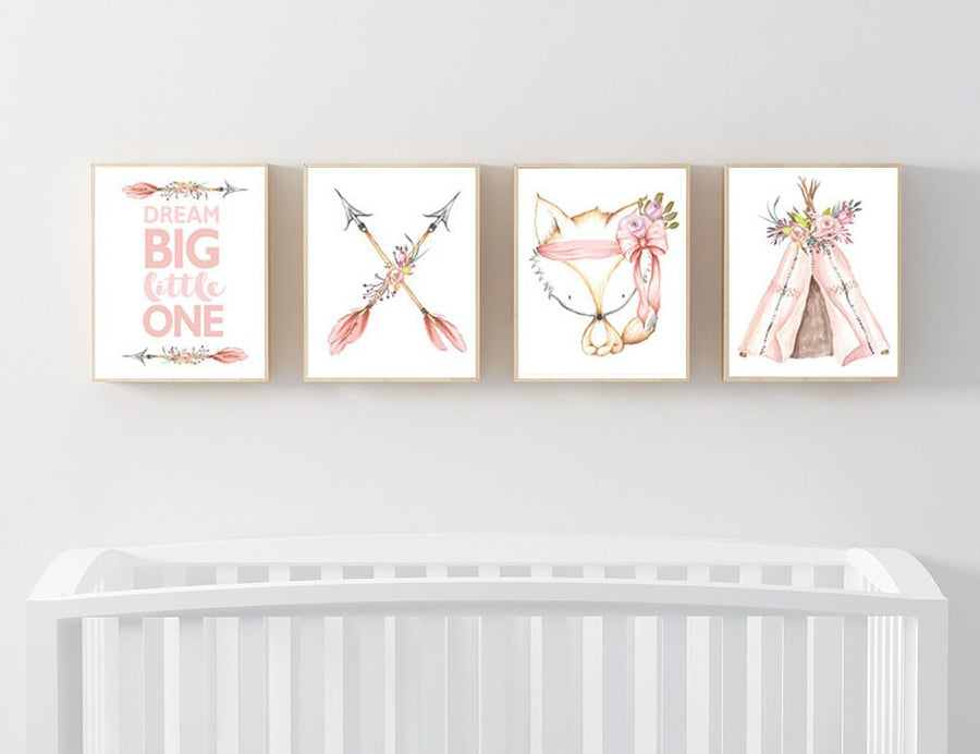 Nursery decor girl woodland, nursery decor woodland, nursery prints girl, girls room decor flowers, dream big little one, tribal nursery