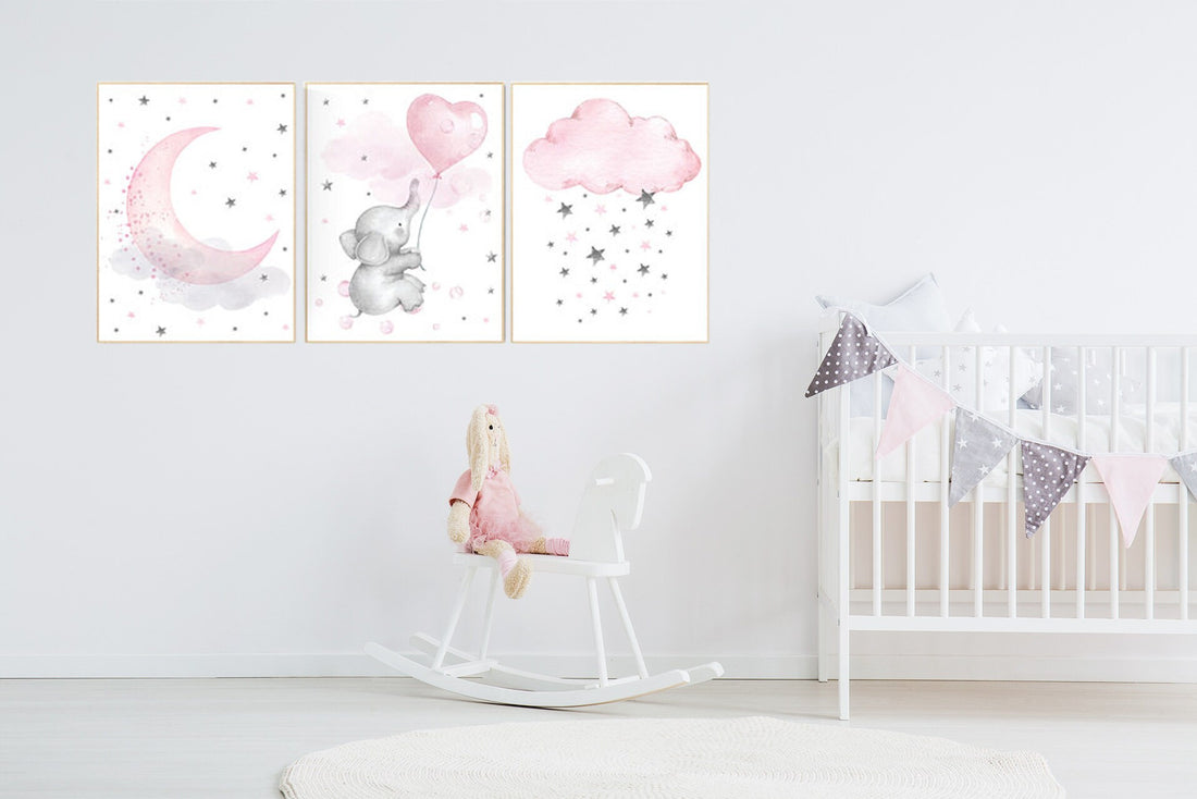Nursery decor girl pink and gray, elephant nursery, nursery decor girl pink, pink and grey, cloud and stars, pink nursery, pink gray nursery