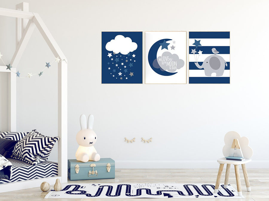 We love you to the moon and back, nursery decor, navy nursery decor, moon nursery, elephant nursery, nursery wall art, baby room decor, navy