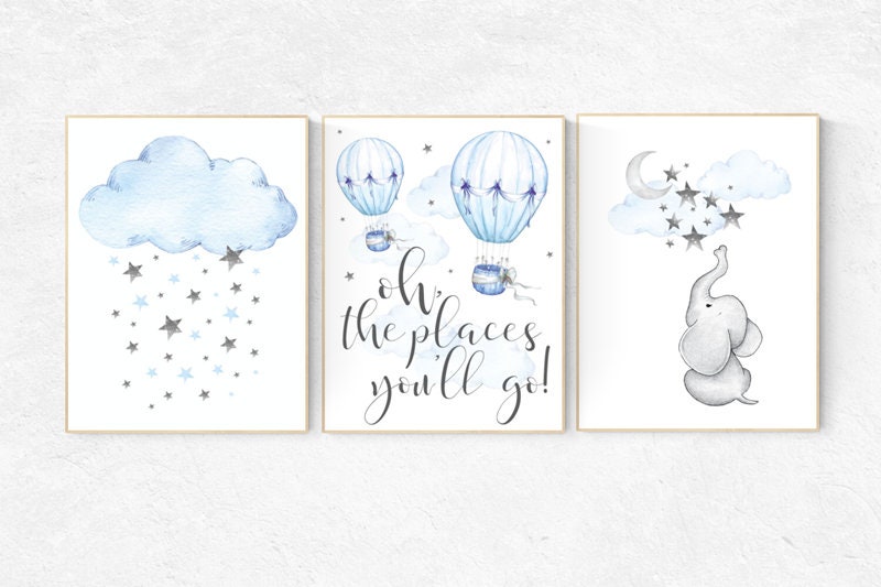 Nursery decor elephant, Nursery decor boy hot air balloon, oh the places you&