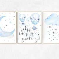 Nursery decor boy hot air balloon, oh the places you'll go, hot air balloon nursery, boys room decor, nursery prints, blue and gray nursery