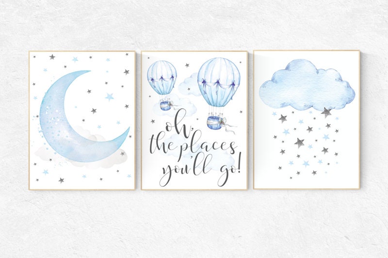 Nursery decor boy hot air balloon, oh the places you'll go, hot air balloon nursery, boys room decor, nursery prints, blue and gray nursery