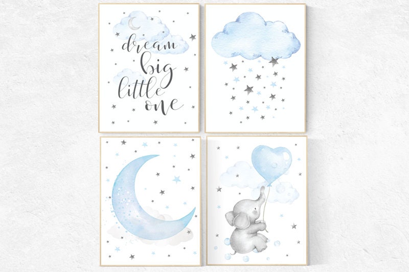 Nursery decor boy, nursery decor elephant, nursery wall art, dream big little one, nursery art, blue nursery decor, cloud and star, baby boy
