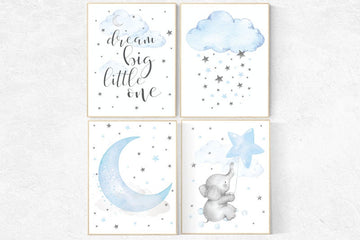 Nursery decor boy elephant, dream big little one, blue nursery decor, cloud and star, moon nursery, blue and gray, baby room decor, elephant