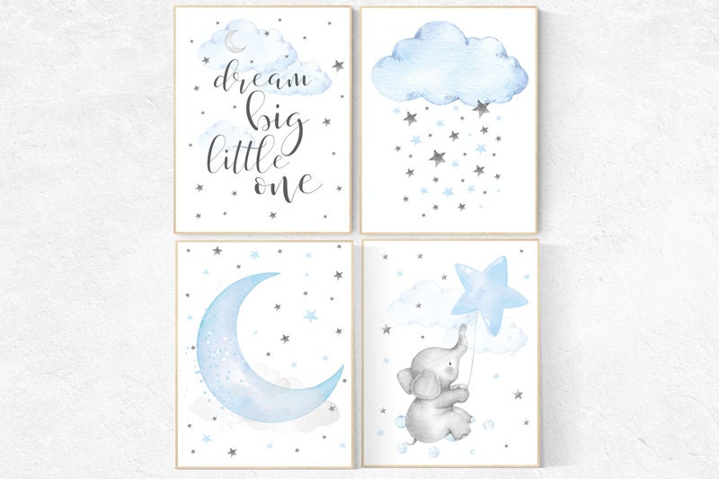 Nursery decor boy elephant, dream big little one, blue nursery decor, cloud and star, moon nursery, blue and gray, baby room decor, elephant