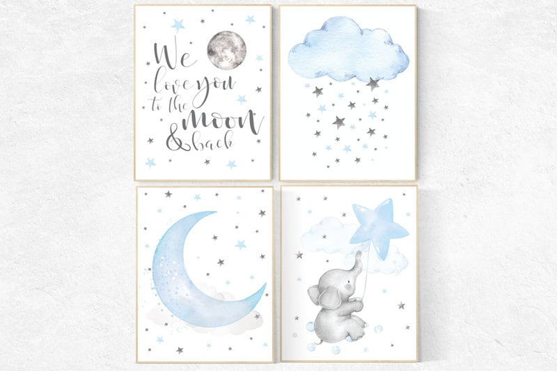 Elephant nursery, Nursery decor boy, nursery wall art, we love you to the moon and back, nursery art, blue nursery decor, cloud star