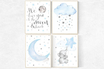 Elephant nursery, Nursery decor boy, nursery wall art, we love you to the moon and back, nursery art, blue nursery decor, cloud star