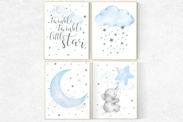 Elephant nursery, Nursery decor boy, nursery wall art, twinkle twinkle little star, nursery art, blue nursery decor, cloud and star nursery
