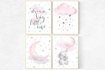 Nursery wall art girl elephant, dream big little one, Nursery decor girl, pink and gray nursery, pink nursery prints, cloud and star nursery
