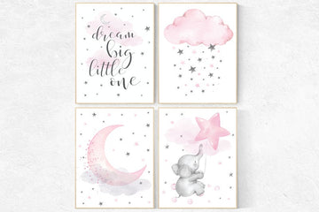 Nursery wall art girl elephant, dream big little one, Nursery decor girl, pink and gray nursery, pink nursery prints, cloud and star nursery