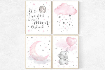 Nursery decor girl wall art, elephant nursery, Nursery decor girl, we love you to the moon and back, pink nursery prints, cloud and star