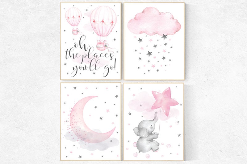 Nursery decor girl  elephant, nursery decor pink and gray, nursery decor hot air balloons, oh the places you&