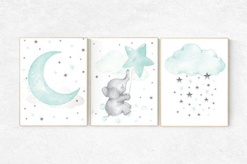 Nursery decor neutral, Nursery decor turquoise, Nursery decor elephant, Mint nursery decor, aqua nursery art, mint green, cloud and star