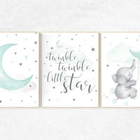 Twinkle twinkle little star, Nursery decor elephant, Mint nursery, aqua nursery art, cloud and star, Nursery decor neutral, turquoise