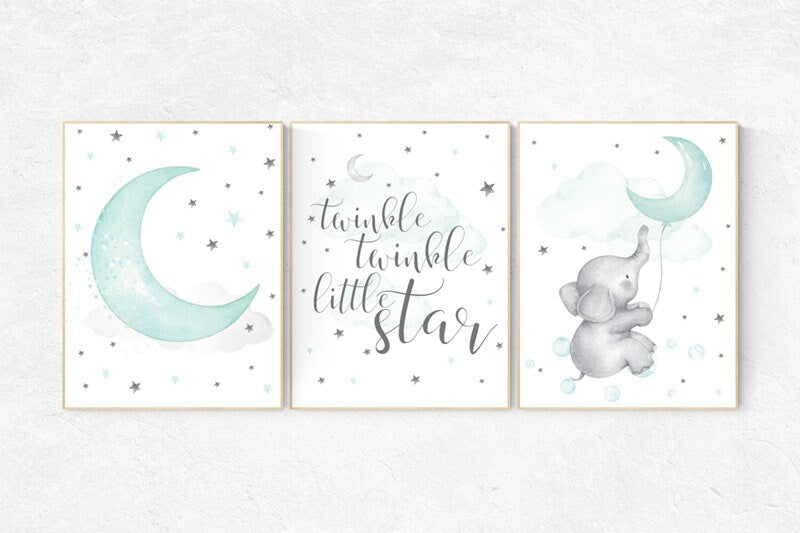 Twinkle twinkle little star, Nursery decor elephant, Mint nursery, aqua nursery art, cloud and star, Nursery decor neutral, turquoise