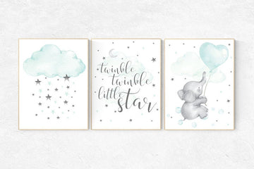 Nursery wall art elephant, mint nursery art, nursery wall art print, aqua nursery decor, cloud nursery wall art, gender neutral, turquoise