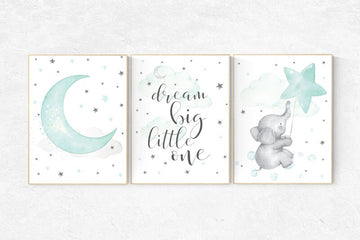 Mint nursery decor, nursery decor elephant, dream big little one, gender neutral nursery, cloud and star nursery, mint green nursery