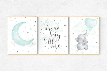 Nursery decor elephant, dream big little one, gender neutral nursery, Mint nursery decor, cloud and star nursery mint green nursery wall art