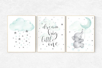 Nursery decor elephant, mint green nursery, dream big little one, nursery wall art animals, cloud and raindrops, nursery wall art teal